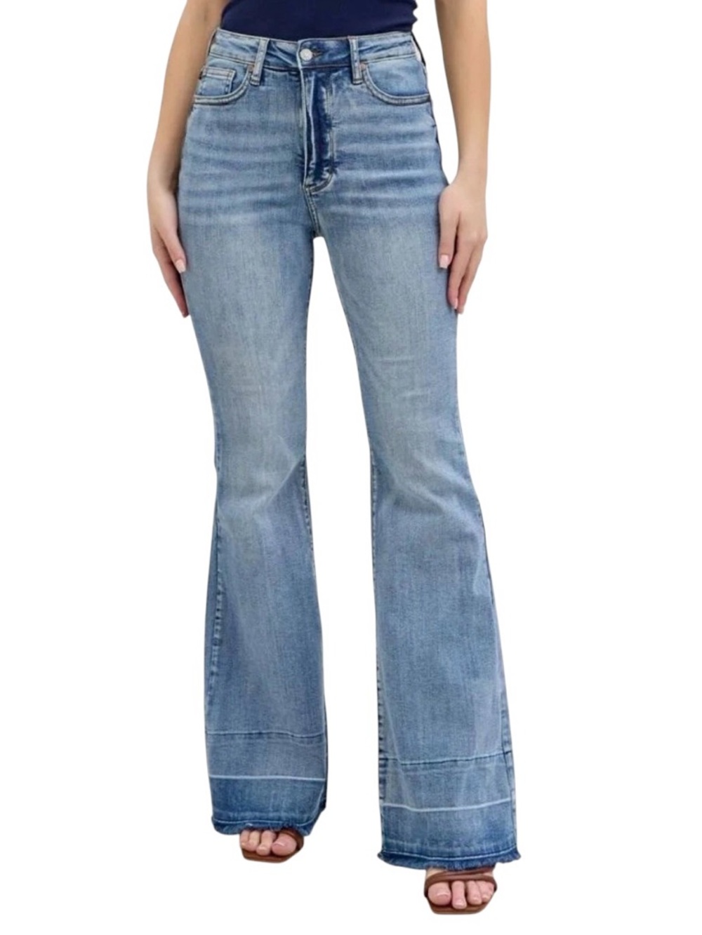 Judy Blue Womens High Waist Contrast Tummy Control Release Hem Flare Denim Jeans